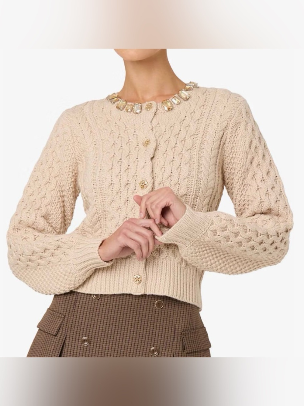 ASTR THE LABEL SWEATER JEWEL TRIM BEIGE CABLE KNIT CARDIGAN HOLIDAY BEAUT LG NWT